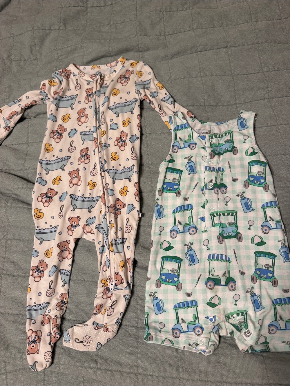 Caden Lane 6-12m blue Bear Bathtub footie pajamas & Green Golf Cart tank romper